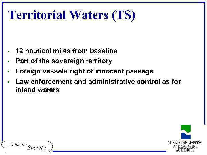 Territorial Waters (TS) § § 12 nautical miles from baseline Part of the sovereign