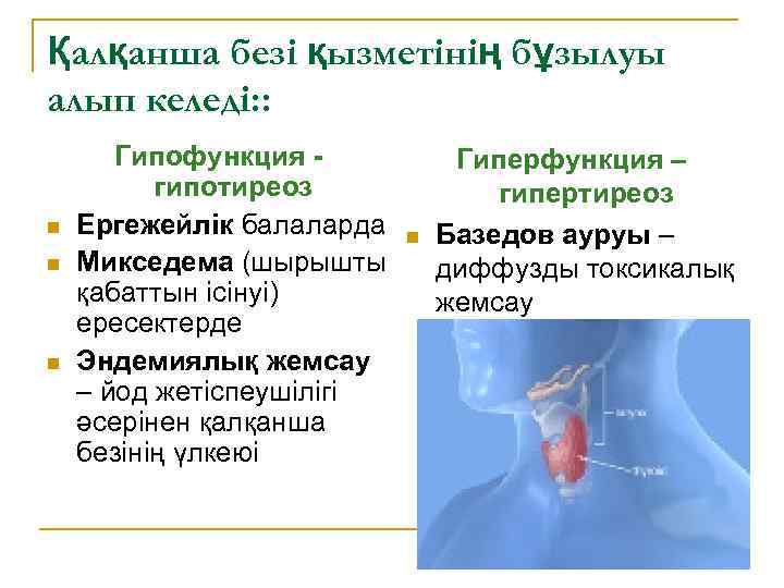 Қалқанша безі қызметінің бұзылуы алып келеді: : n n n Гипофункция гипотиреоз Ергежейлік балаларда