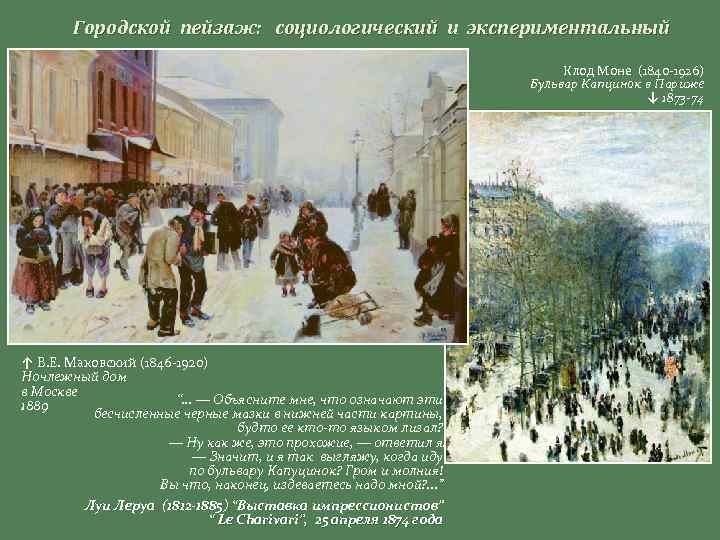 Городской пейзаж: социологический и экспериментальный Клод Моне (1840 -1926) Бульвар Капцинок в Париже ↓