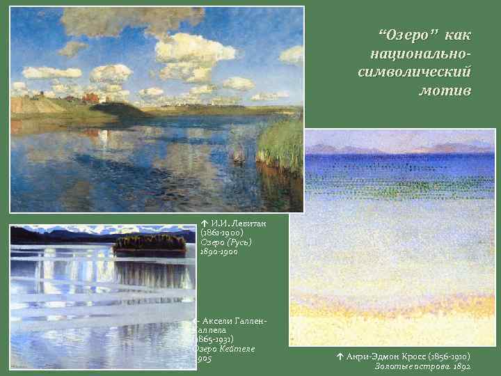 “Озеро” как национальносимволический мотив ↑ И. И. Левитан (1861 -1900) Озеро (Русь) 1890 -1900