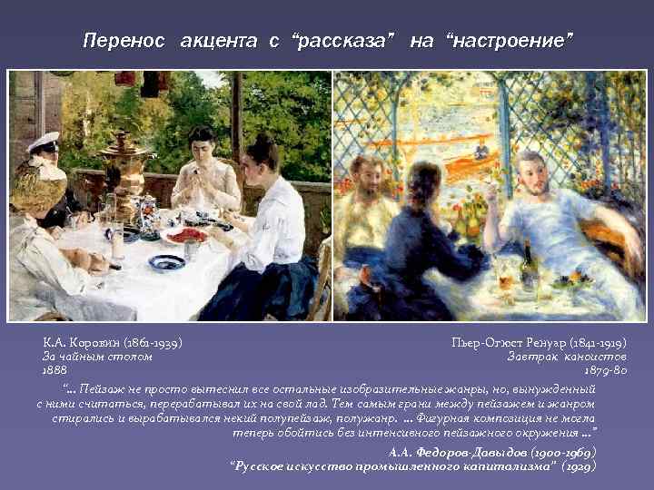 Перенос акцента c “рассказа” на “настроение” К. А. Коровин (1861 -1939) За чайным столом
