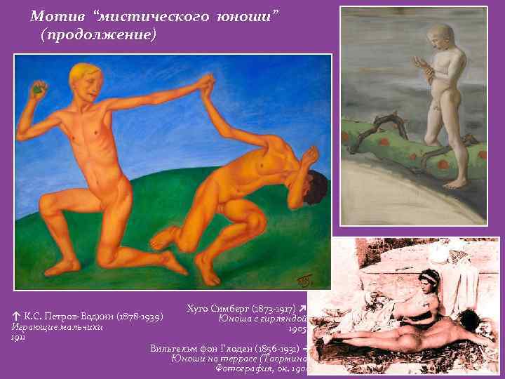 Мотив “мистического юноши” (продолжение) ↑ К. С. Петров-Водкин (1878 -1939) Играющие мальчики 1911 Хуго