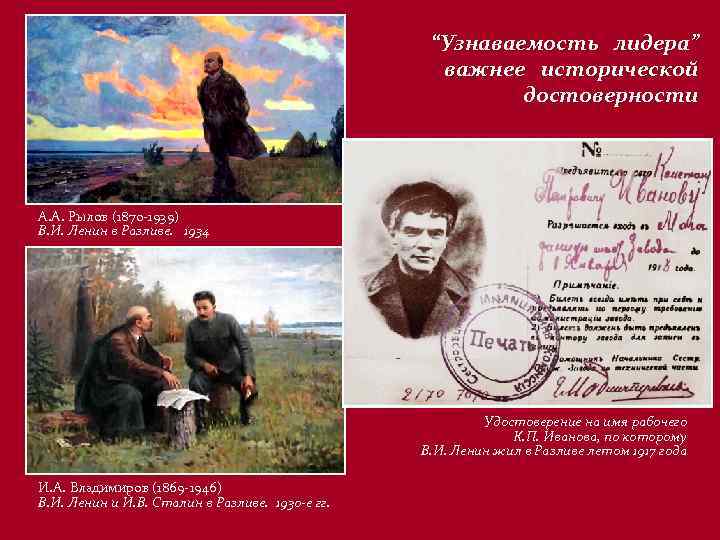 “Узнаваемость лидера” важнее исторической достоверности А. А. Рылов (1870 -1939) В. И. Ленин в