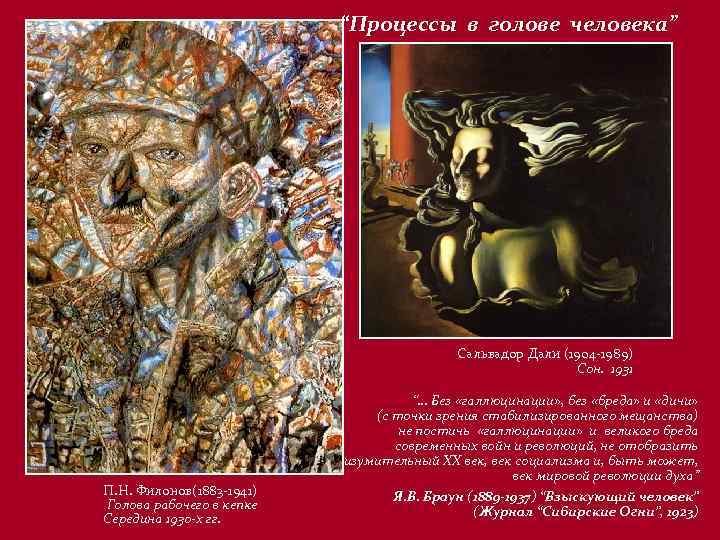 “Процессы в голове человека” Сальвадор Дали (1904 -1989) Сон. 1931 П. Н. Филонов(1883 -1941)