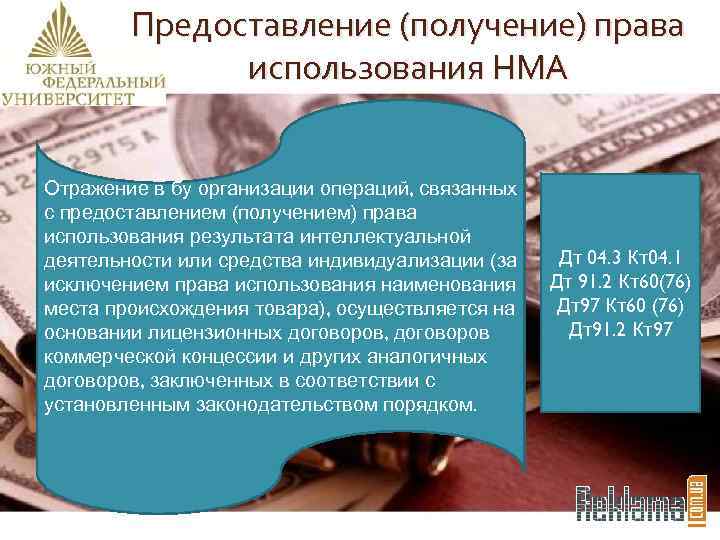 Предоставление (получение) права использования НМА Отражение в бу организации операций, связанных с предоставлением (получением)