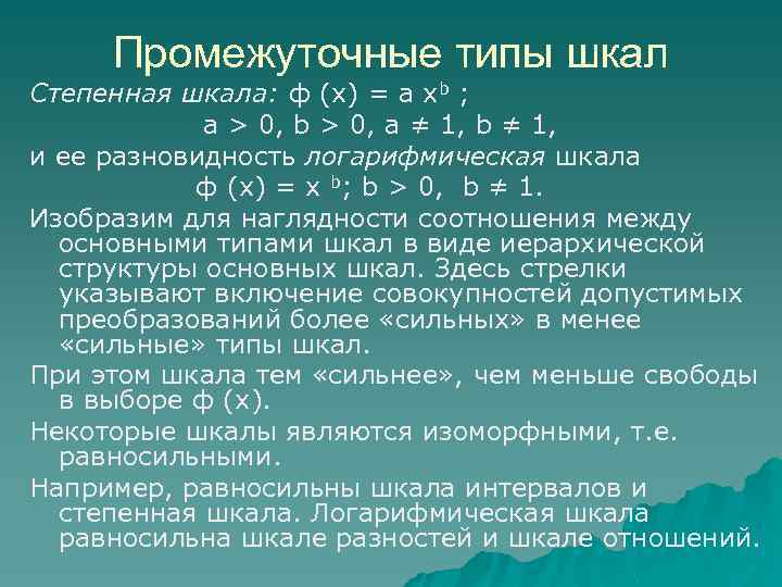 Промежуточные типы шкал Степенная шкала: ф (х) = а хb ; а > 0,