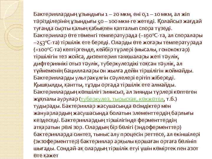 Бактериялардың ұзындығы 1 – 20 мкм, ені 0, 1 – 10 мкм, ал жіп