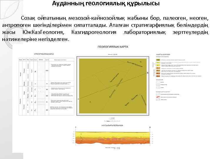 Ауданның геологиялық құрылысы Созақ ойпатының мезозой-кайнозойлық жабыны бор, палеоген, неоген, антропоген шөгінділерімен сипатталады. Аталған