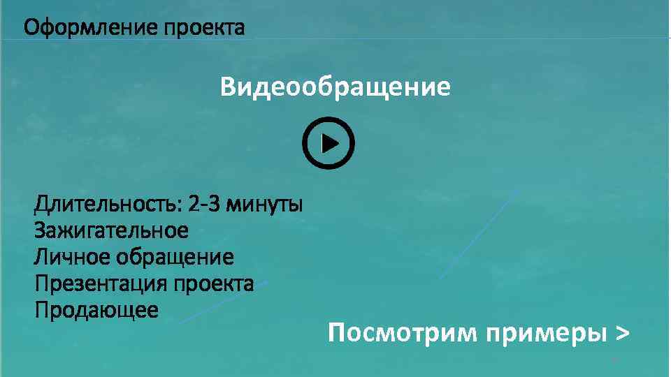Оформление проекта Видеообращение Длительность: 2 -3 минуты Зажигательное Личное обращение Презентация проекта Продающее Посмотрим