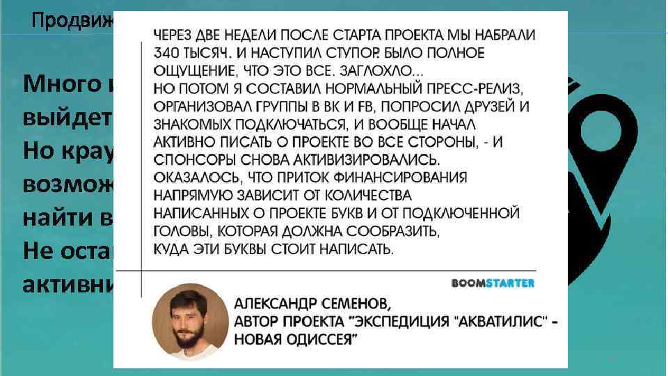 Продвижение Много из запланированного не выйдет или не даст эффекта. Но краудфандинг дает возможность