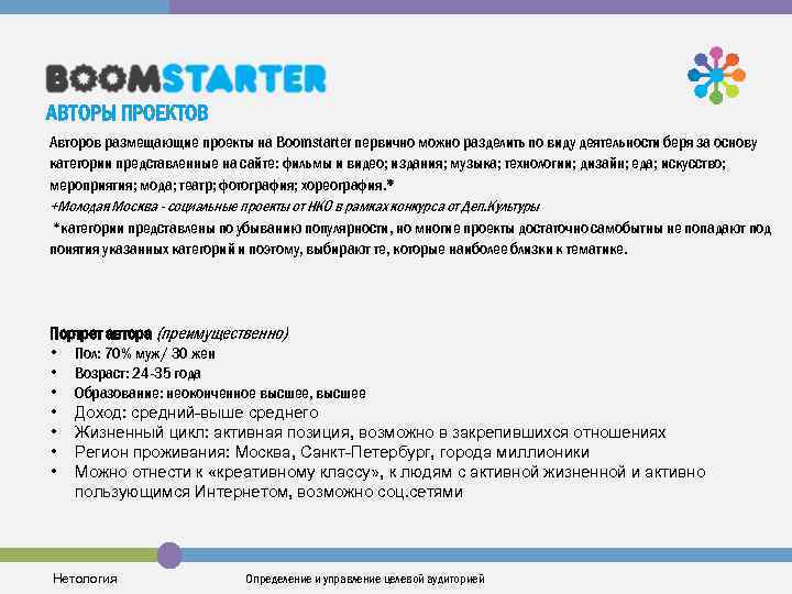 АВТОРЫ ПРОЕКТОВ Авторов размещающие проекты на Boomstarter первично можно разделить по виду деятельности беря