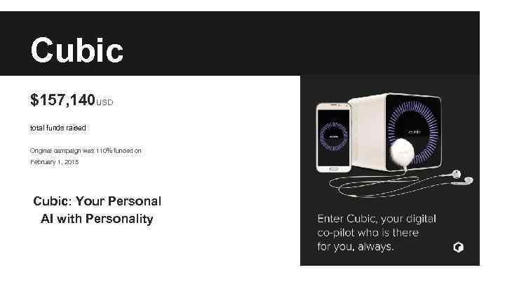 Cubic $157, 140 USD total funds raised Original campaign was 110% funded on February