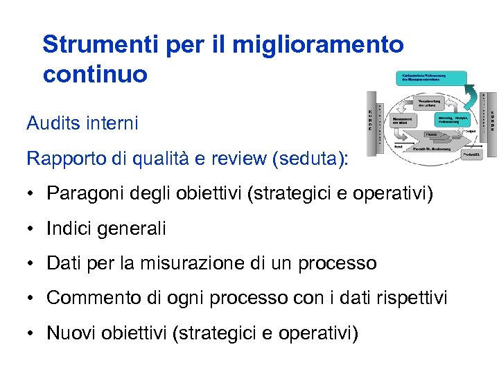 Strumenti per il miglioramento continuo Audits interni Rapporto di qualità e review (seduta): •