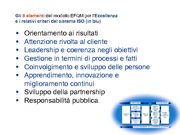 Gli 8 elementi del modello EFQM per l‘Eccellenza e i relativi criteri del sistema