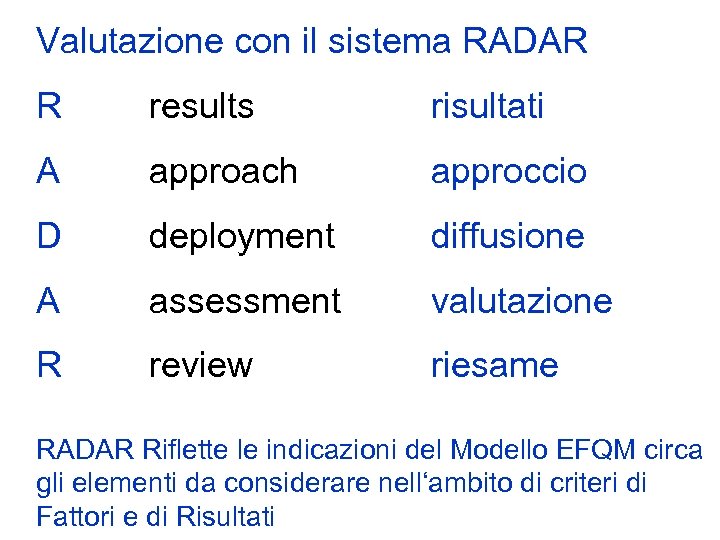 Valutazione con il sistema RADAR R results risultati A approach approccio D deployment diffusione