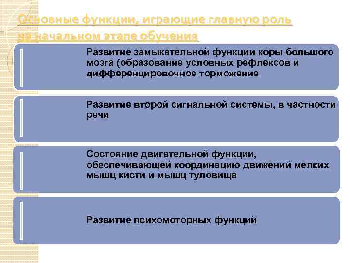 Основные функции, играющие главную роль на начальном этапе обучения Развитие замыкательной функции коры большого