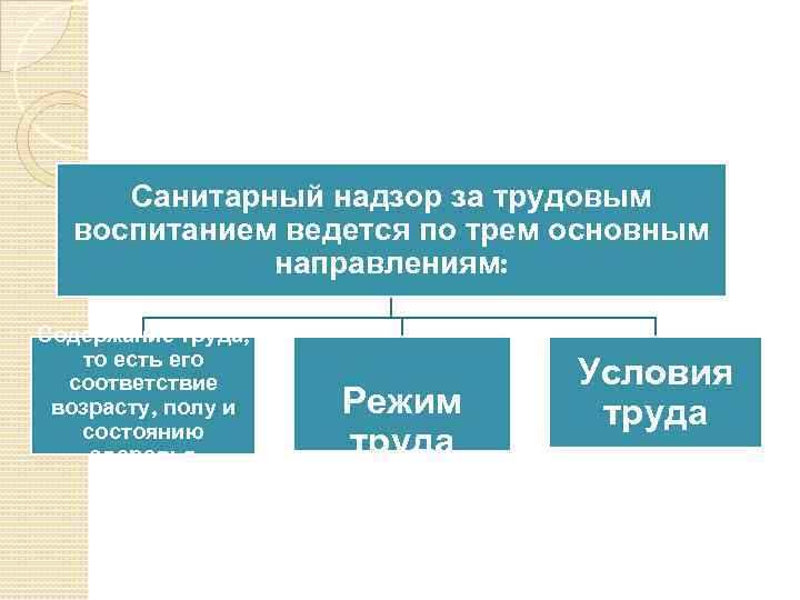 Санитарный надзор за трудовым воспитанием ведется по трем основным направлениям: Содержание труда, то есть