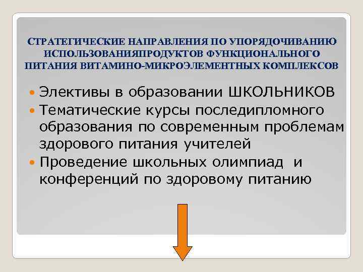 СТРАТЕГИЧЕСКИЕ НАПРАВЛЕНИЯ ПО УПОРЯДОЧИВАНИЮ ИСПОЛЬЗОВАНИЯПРОДУКТОВ ФУНКЦИОНАЛЬНОГО ПИТАНИЯ ВИТАМИНО-МИКРОЭЛЕМЕНТНЫХ КОМПЛЕКСОВ Элективы в образовании ШКОЛЬНИКОВ Тематические