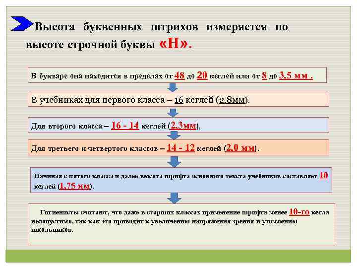 Высота буквенных штрихов измеряется по высоте строчной буквы «Н» . В букваре она находится