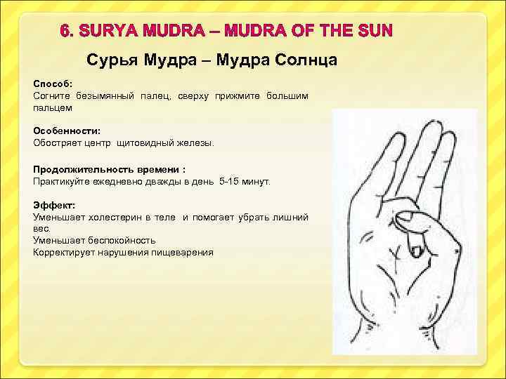 Сурья Мудра – Мудра Солнца Способ: Согните безымянный палец, сверху прижмите большим пальцем Особенности: