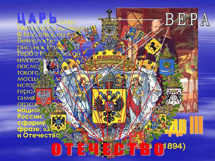 24 июля 1882 года Император Александр III Миротворец в Петергофе утвердил рисунок Большого Герба