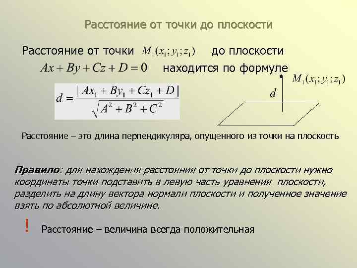 Расстояние от точки до плоскости находится по формуле Расстояние – это длина перпендикуляра, опущенного