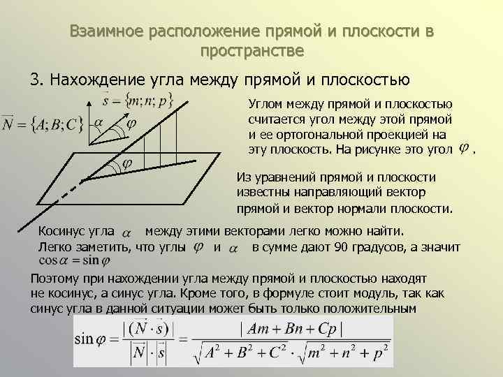 Взаимное расположение прямой и плоскости в пространстве 3. Нахождение угла между прямой и плоскостью