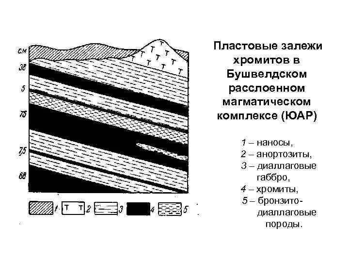 Пластовые залежи хромитов в Бушвелдском расслоенном магматическом комплексе (ЮАР) 1 – наносы, 2 –