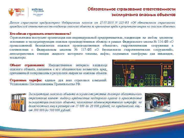 Обязательное страхование ответственности эксплуатанта опасных объектов Данное страхование предусмотрено Федеральным законом от 27. 07.