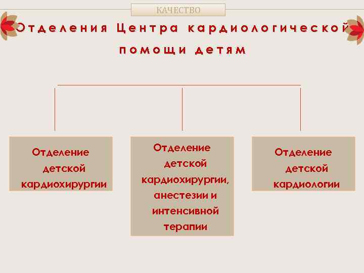КАЧЕСТВО Отделения Центра кардиологической помощи детям Отделение детской кардиохирургии, анестезии и интенсивной терапии Отделение