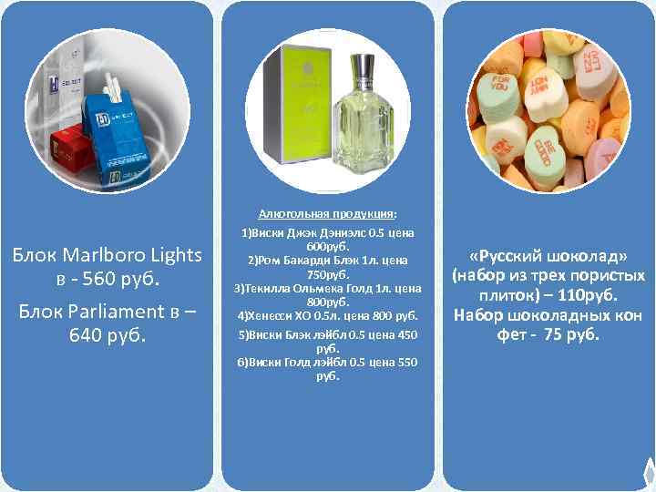 Алкогольная продукция: Блок Marlboro Lights в - 560 руб. Блок Parliament в – 640