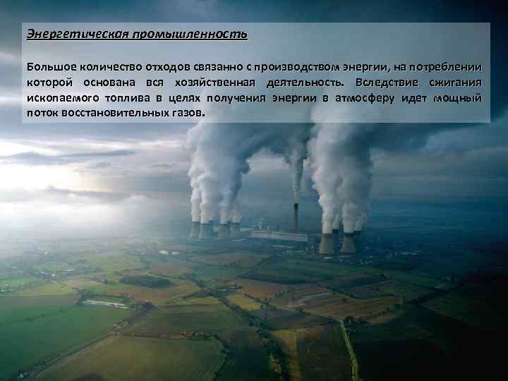Энергетическая промышленность Большое количество отходов связанно с производством энергии, на потреблении которой основана вся