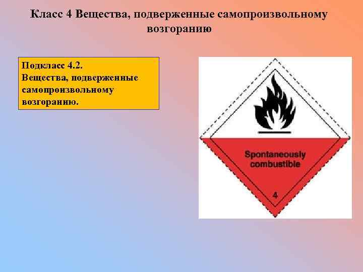 Класс 4 Вещества, подверженные самопроизвольному возгоранию Подкласс 4. 2. Вещества, подверженные самопроизвольному возгоранию. 