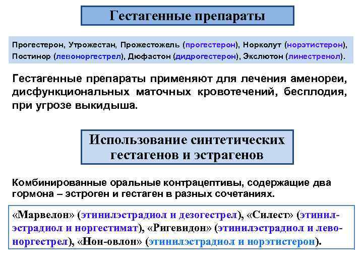 Гестагенные препараты Прогестерон, Утрожестан, Прожестожель (прогестерон), Норколут (норэтистерон), Постинор (левоноргестрел), Дюфастон (дидрогестерон), Экслютон (линестренол).