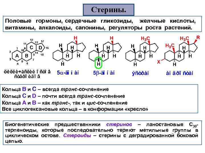 Стерины. Половые гормоны, сердечные гликозиды, желчные кислоты, витамины, алкалоиды, сапонины, регуляторы роста растений. Кольца