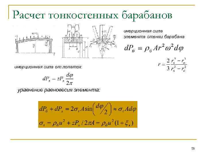 Расчет тонкостенных барабанов инерционная сила элемента стенки барабана инерционная сила от лопаток уравнение равновесия