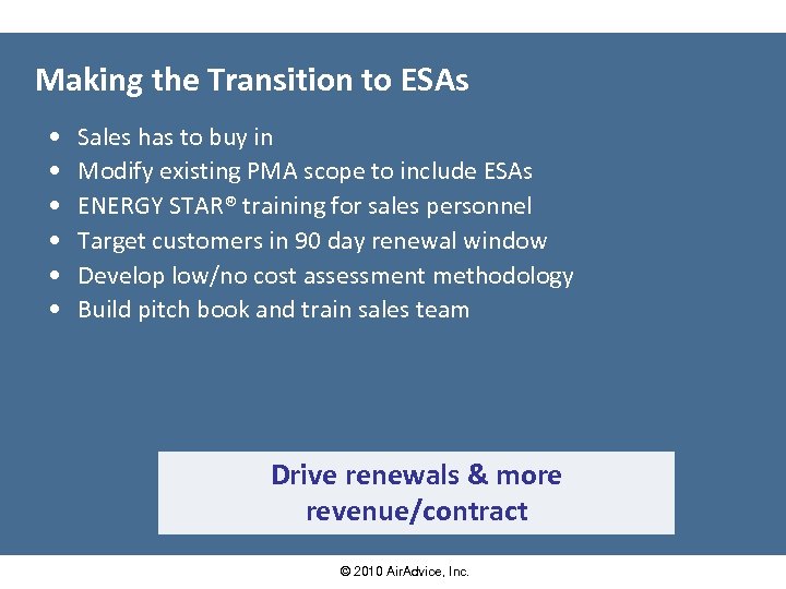 Making the Transition to ESAs • • • Sales has to buy in Modify