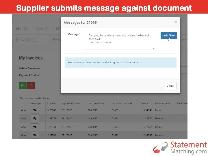 Supplier submits message against document 