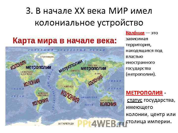 3. В начале ХХ века МИР имел колониальное устройство Коло ния — это ия