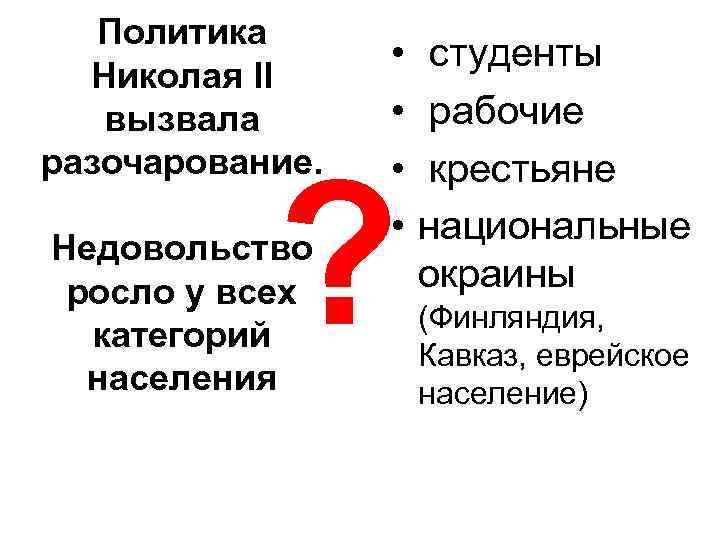 Политика Николая II вызвала разочарование. • • ? Недовольство росло у всех категорий населения