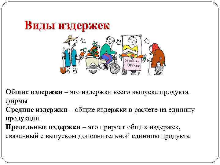 Виды издержек Общие издержки – это издержки всего выпуска продукта фирмы Средние издержки –