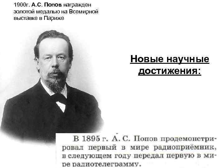 1900 г. А. С. Попов награжден золотой медалью на Всемирной выставке в Париже Новые