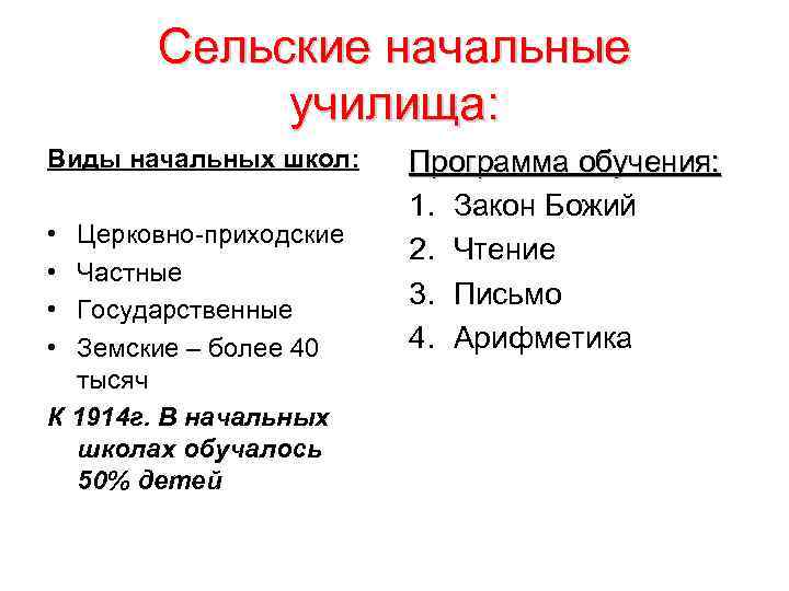 Сельские начальные училища: Виды начальных школ: • • Церковно-приходские Частные Государственные Земские – более