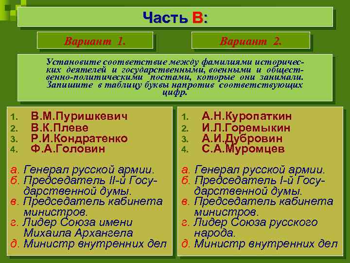 Часть В: Вариант 1. Вариант 2. Установите соответствие между фамилиями исторических деятелей и государственными,