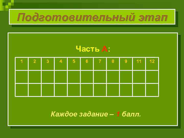 Подготовительный этап Часть А: 1 2 3 4 5 6 7 8 9 11