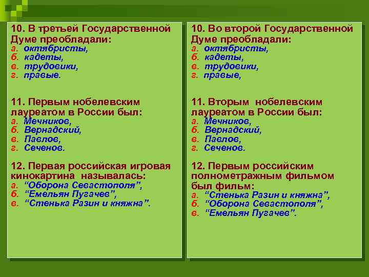 10. В третьей Государственной Думе преобладали: 10. Во второй Государственной Думе преобладали: 11. Первым