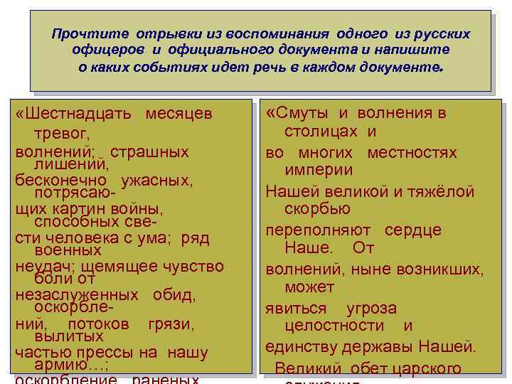 Прочтите отрывки из воспоминания одного из русских офицеров и официального документа и напишите о