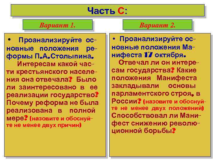 Часть С: Вариант 1. • Проанализируйте основные положения реформы П. А. Столыпина. Интересам какой