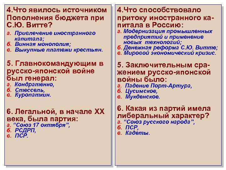 4. Что явилось источником Пополнения бюджета при С. Ю. Витте? 4. Что способствовало притоку