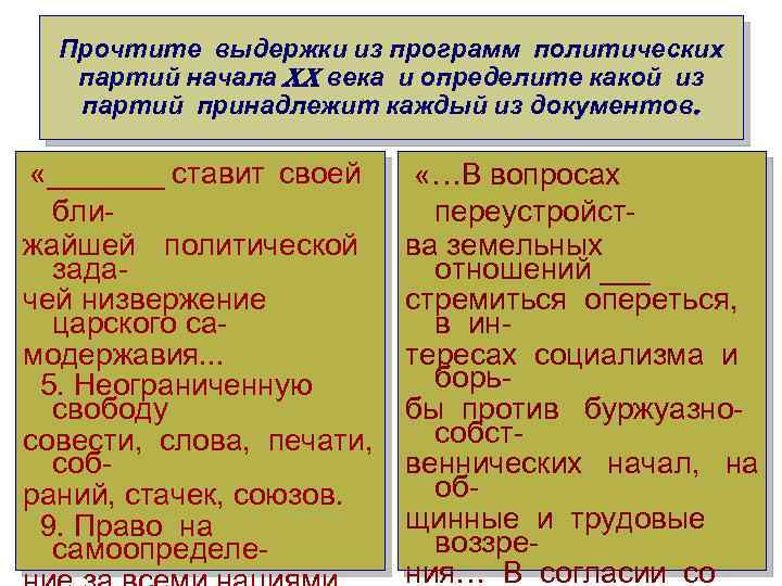 Прочтите выдержки из программ политических партий начала XX века и определите какой из партий